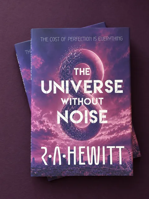 Printed copies of The Universe Without Noise by R A Hewitt, showing the purple dust-jacket artwork